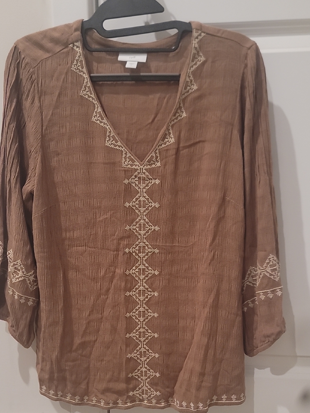 Women's Brown Embroidered V-Neck Tunic Blouse